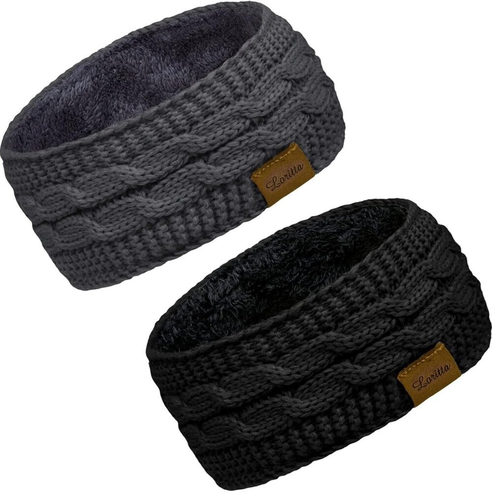 2 Pack Headbands for Women Winter Warm Cable Knit Ear Warmer Thick Head Wrap Fuz